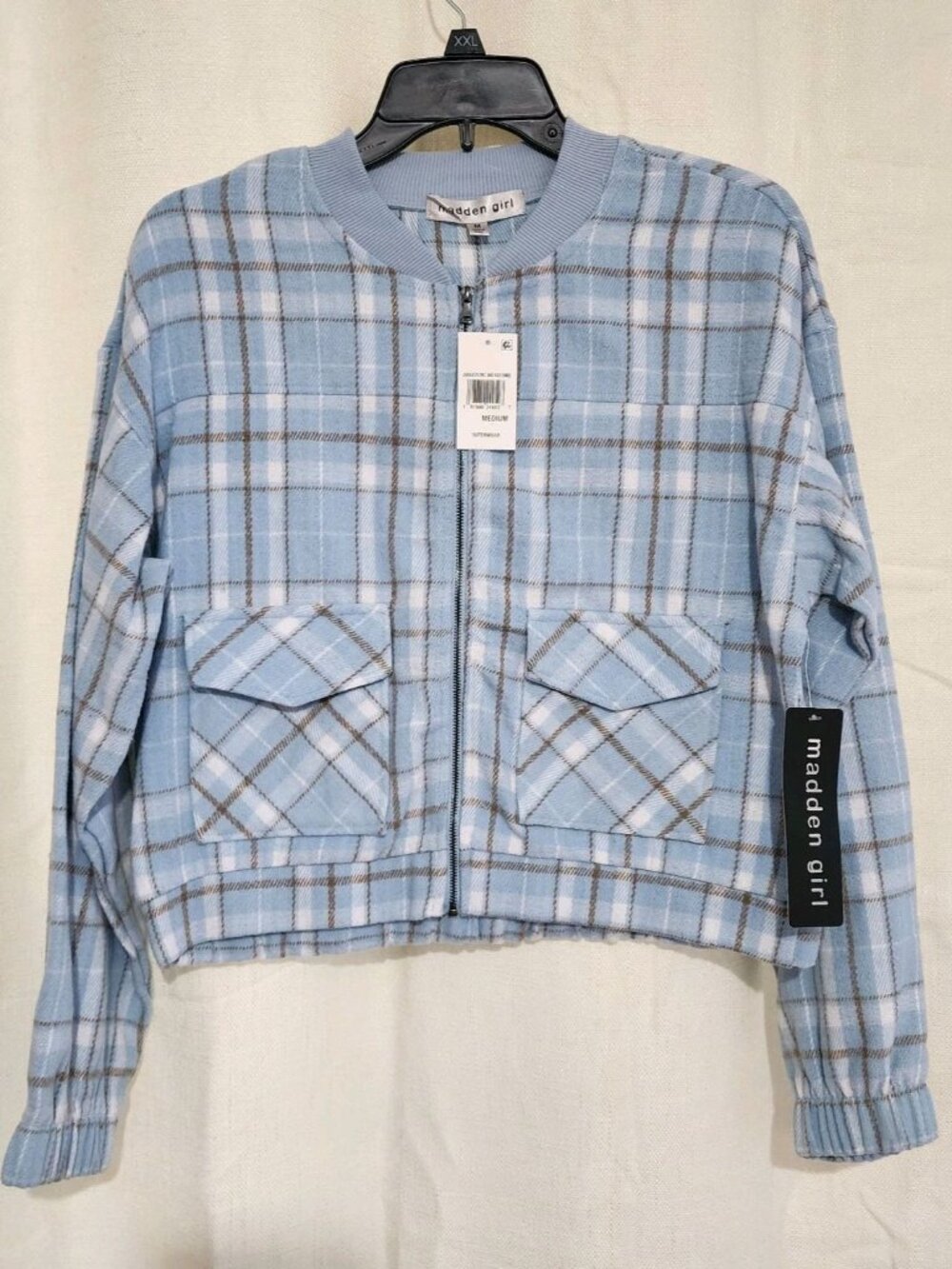 Madden Girl Outerwear Women's Junior's Bomber Jacket Plaid Blue Size Medium NWT